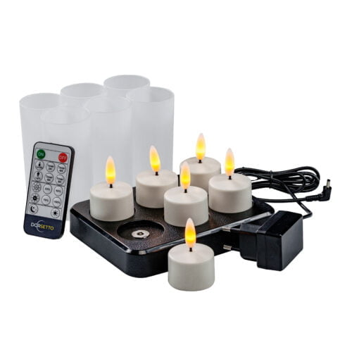 LED-waxinelichtjes met oplader, oplaadstation en afstandsbediening.