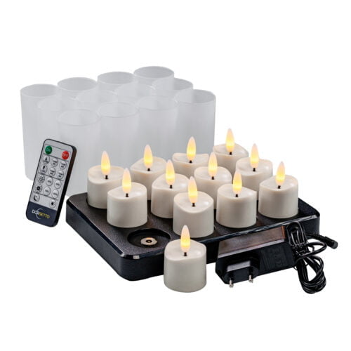 Led-waxinelichtjes met oplader, oplaadstation en afstandsbediening.
