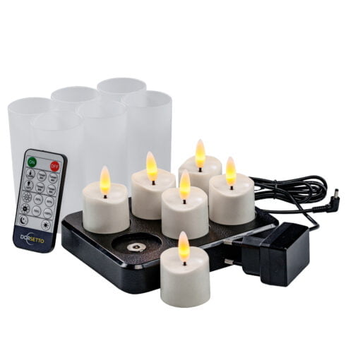 LED-waxinelichtjes met oplader, oplaadstation en afstandsbediening.