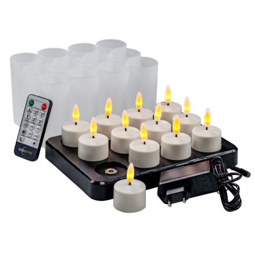 LED-waxinelichtjes met oplader, oplaadstation en afstandsbediening.