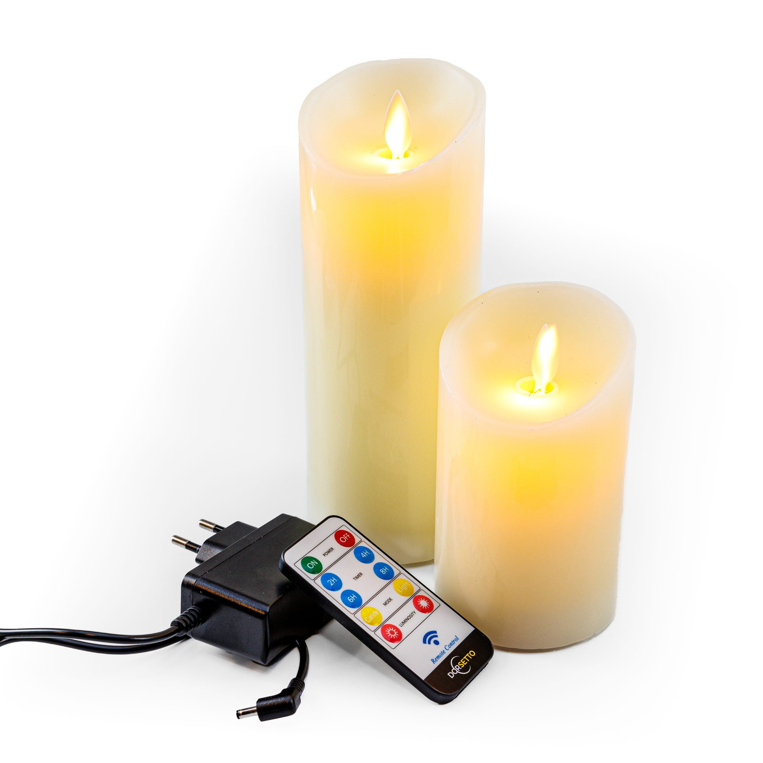 twee oplaadbare led kaarsen met een afstandsbediening en een oplader