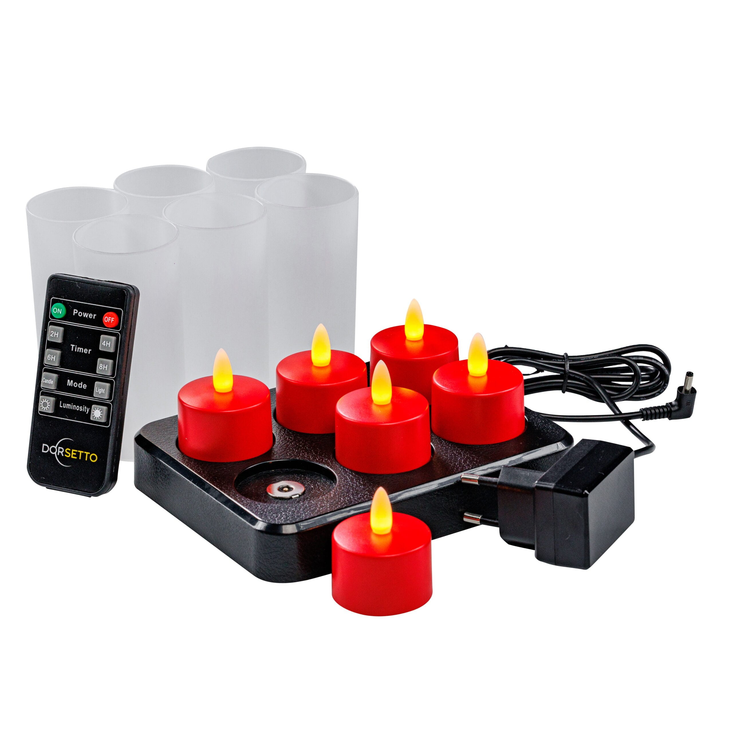 rode waxinelichtjes op een oplaadstation 6 stuks met timerfunctie
